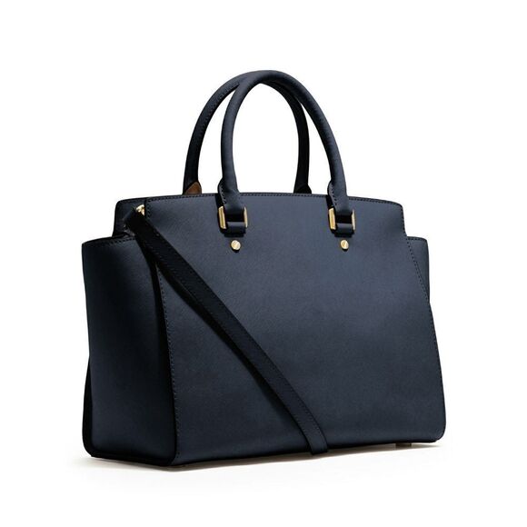 New! MICHAEL KORS Selma Leather Handbag Satchel Bag With Long Straps Navy Blue - Picture 3 of 7